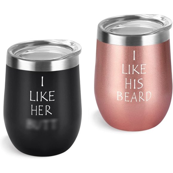 I Like His Beard, I Like Her Couples Wine Tumbler Set, Funny Wedding Engagement